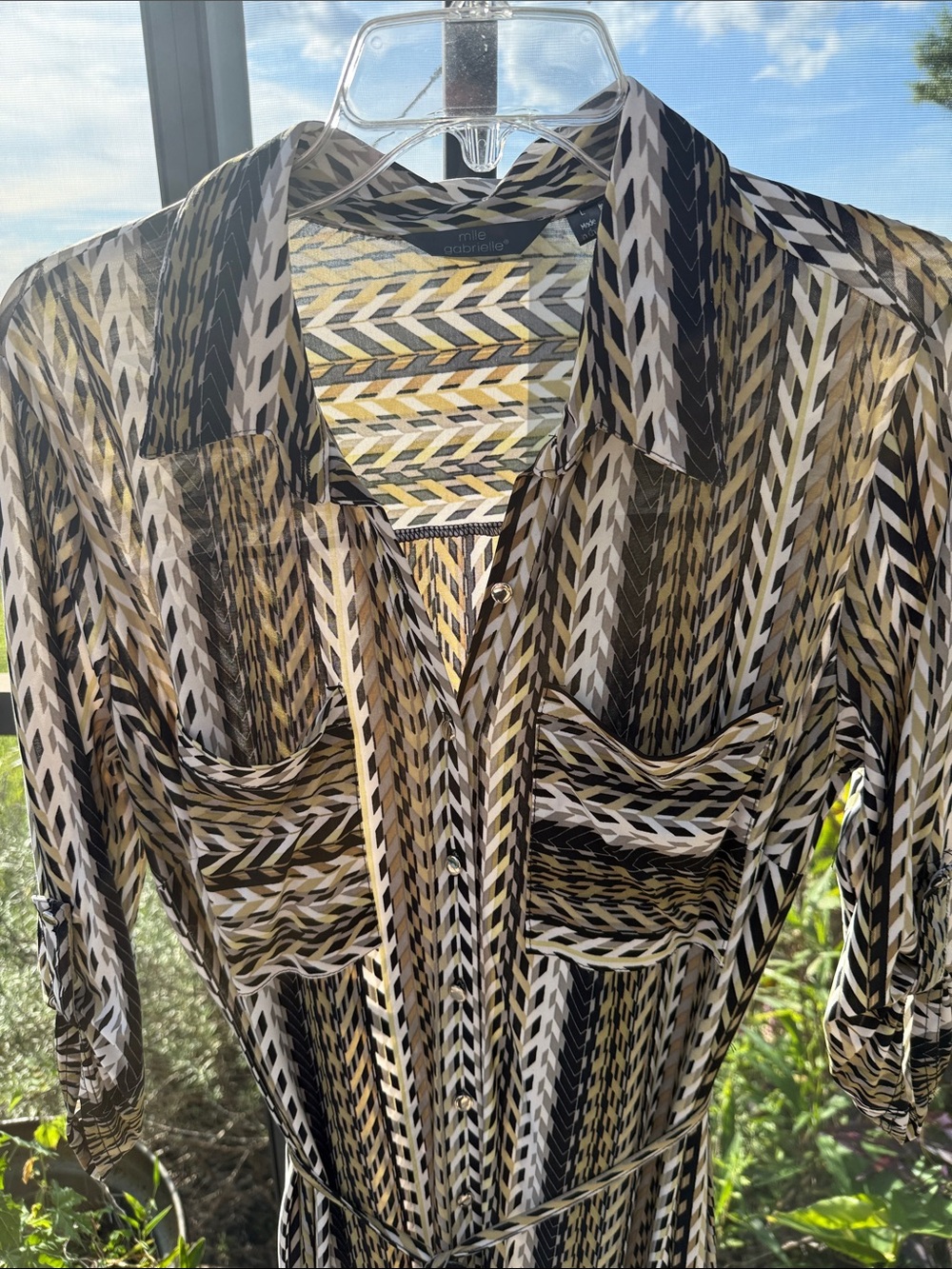 Mlle Gabrielle Chevron-Print Shirt Dress in Black, White, green & Tan